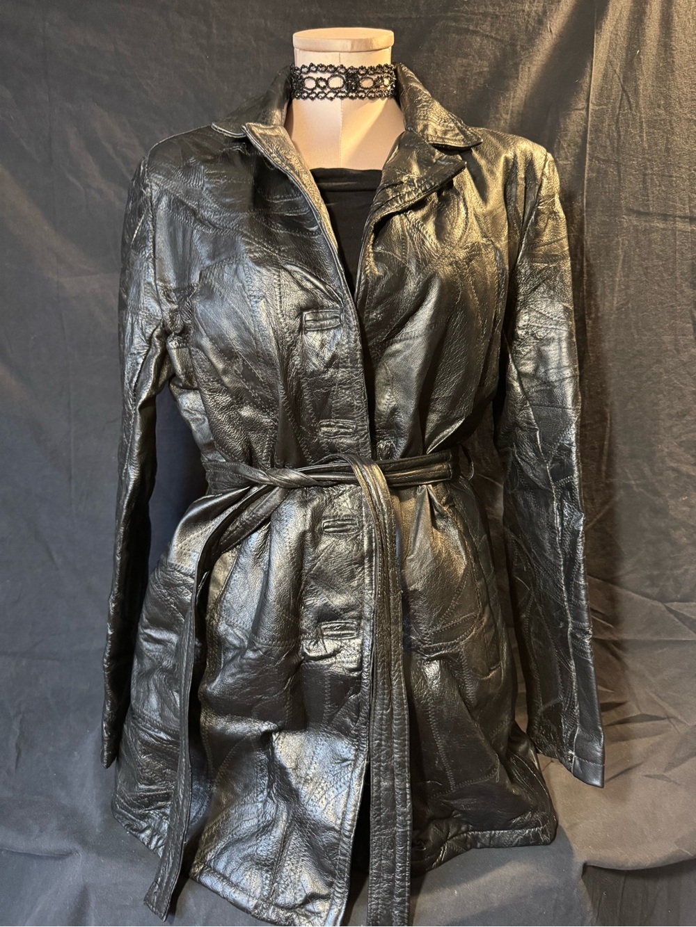 Women's Black Leather Belted Trench Jacket